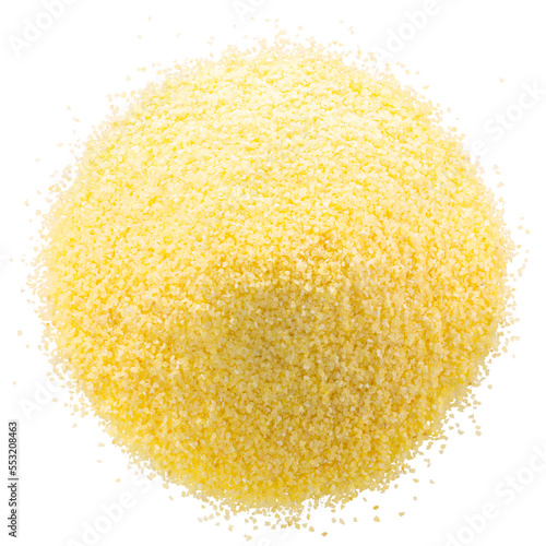 Pile of semolina, a coarse durum wheat flour, isolated, top view png