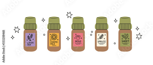 Set of glass bottles with essential oils. Lavender, chamomile, rose, spruce, sheet. Label, sticker. Vector illustration in cartoon hand draw style.Relaxation and home comfort. Trendy vector