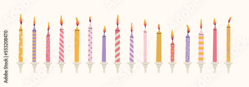 Candles for the cake. Colorful holiday candles for cake decoration. Bright accessories for the holiday. Vector hand drawillustration.Holiday banner, poster, greeting card, invitation background