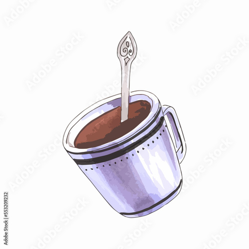 Hand drawn watercolor illustration. Ceramic cup of coffee or tea with spoon.