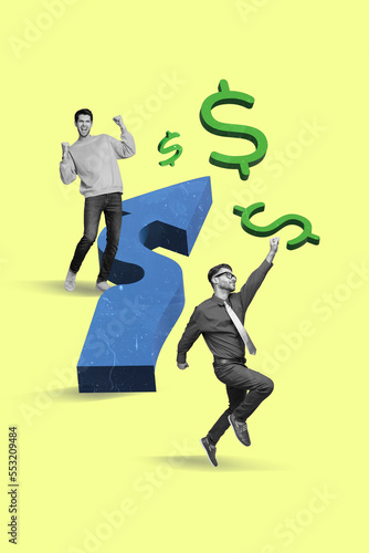 Collage photo banner of two funny jumping air guys businesspeople fists up celebrate market growing up economics isolated on beige background