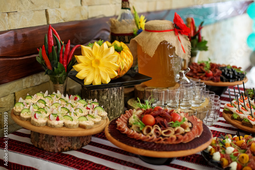 catering buffet table with snacks and appetizers. Concept for event, celebration and banquet.