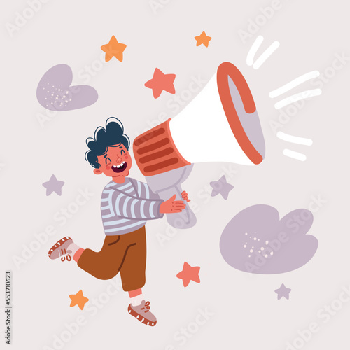 happy cute little kid boy holding megaphone