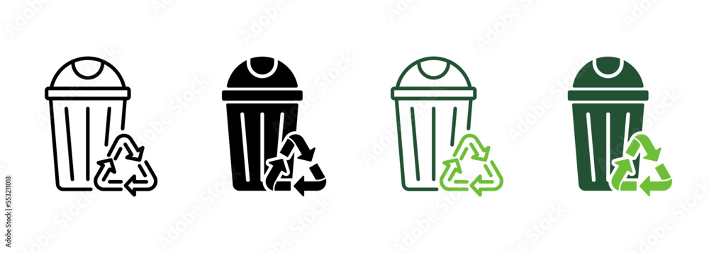 Recycling Bin for Organic Garbage Symbol Collection on White Background. Basket for Recycle Waste Line and Silhouette Icon Set. Eco Reuse Container Pictogram. Isolated Vector Illustration Recycling Bin for Organic Garbage Symbol Collection on White Background. Basket for Recycle Waste Line and Silhouette Icon Set. Eco Reuse Container Pictogram. Isolated Vector Illustration