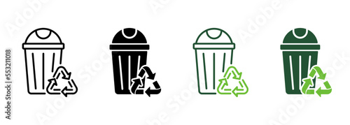 Recycling Bin for Organic Garbage Symbol Collection on White Background. Basket for Recycle Waste Line and Silhouette Icon Set. Eco Reuse Container Pictogram. Isolated Vector Illustration
