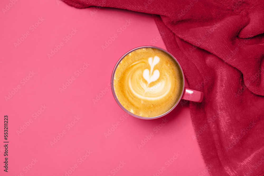 Coffee cup and viva magenta color of plaid. Trendy color 2023 year. Monochrome Coffee cup and viva magenta color of plaid. Trendy color 2023 year. Monochrome