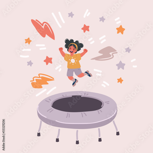 Illustration of happy little girl jumping on a trampoline having fun playing outdoor sport activity