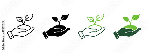 Ecology Organic Seedling Line and Silhouette Icon Set. Growth Eco Tree Environment. Plant in Human Hand Symbol Collection on White Background. Agriculture Concept. Isolated Vector Illustration