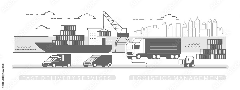 Logistics company, delivery truck vector line.