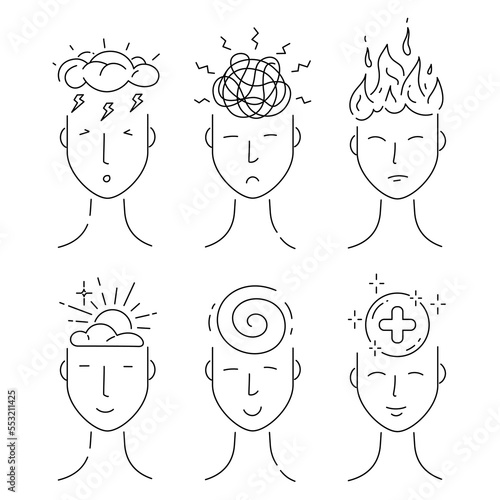 Mental disorders and a healthy state of mind. Vector icons.