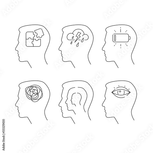 Person symptoms of depression disorder. Tired exhausted character suffering anxiety, exhaustion, confusion or burnout syndrome. Mental health concept. Vector illustration
