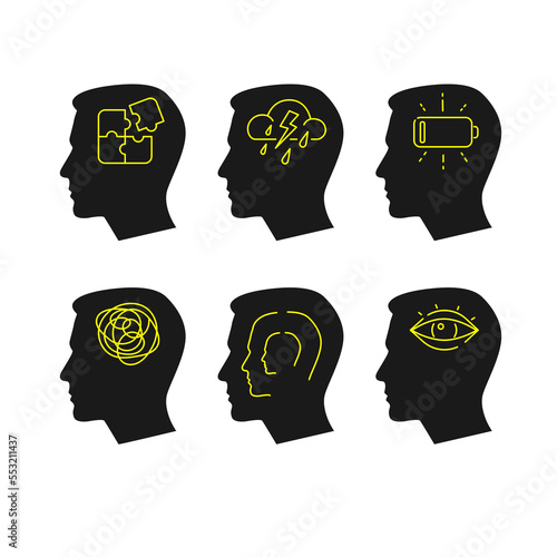 Person symptoms of depression disorder. Tired exhausted character suffering anxiety, exhaustion, confusion or burnout syndrome. Mental health concept. Black icons with yellow symbols. Vector set
