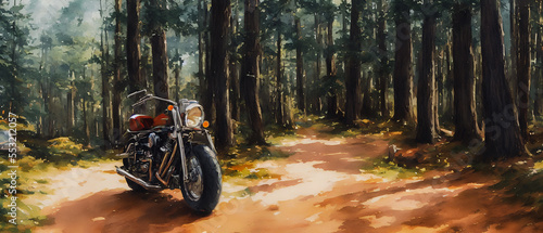 Painting of an abandoned bike in the dark forest. Digital art concept.