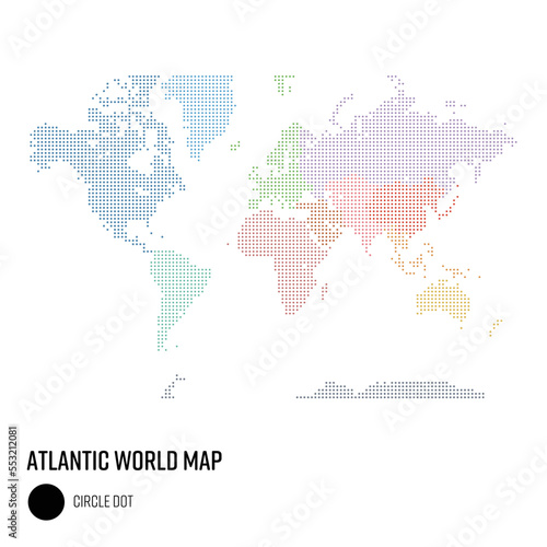 世界地図ドット 粗いドット 太西洋を中心とした世界 地域別にグループ