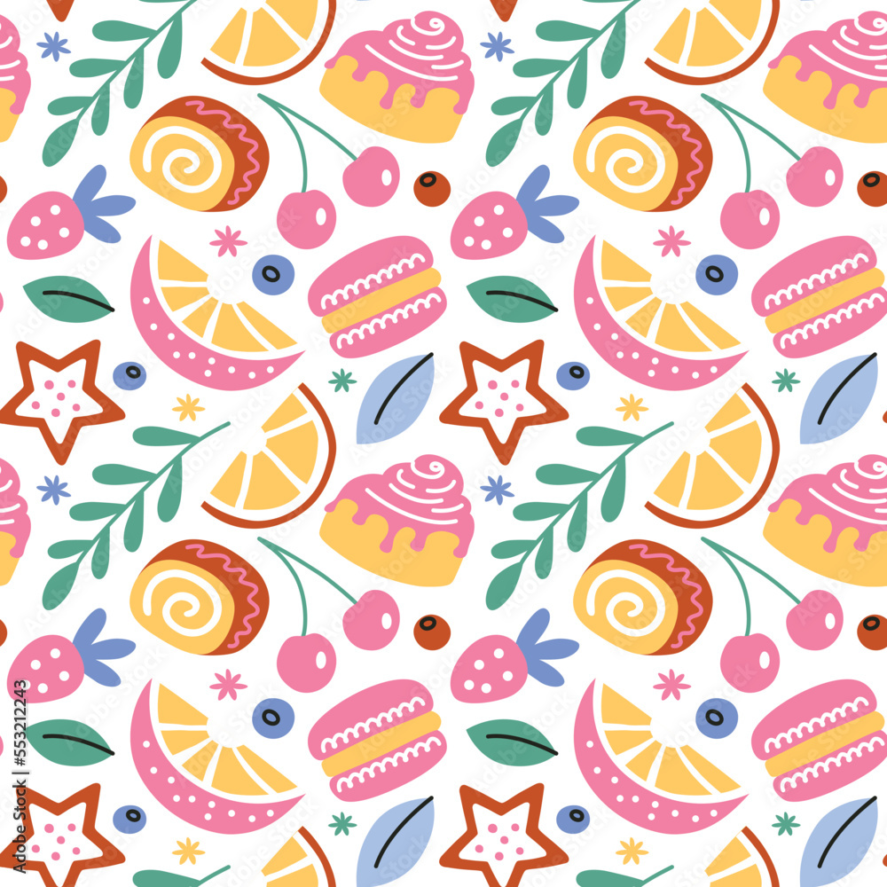Desserts hand drawn seamless pattern, doodle ornament of pastry, sweet food icons, vector illustrations of macaron, cinnamon bun, cookie on white background, colored pattern for bakery, baking Desserts hand drawn seamless pattern, doodle ornament of pastry, sweet food icons, vector illustrations of macaron, cinnamon bun, cookie on white background, colored pattern for bakery, baking