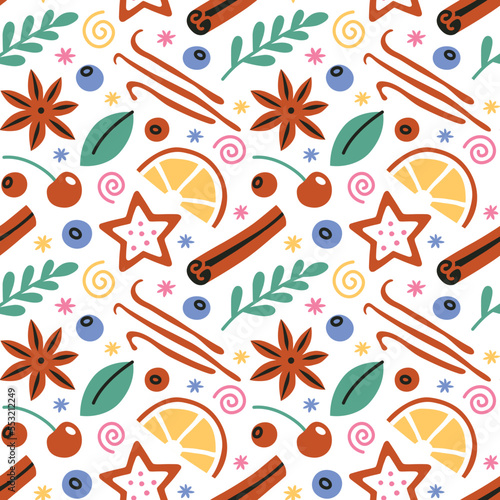 Sweet spices hand drawn seamless pattern, Christmas mood, dessert flavor, baking ingredients, doodle colored ornament of  cinnamon, vanilla, star anise icons, vector illustrations of berries, cookies