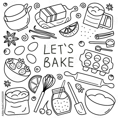 Home baking hand drawn collection, doodle icons of kitchen utensils and cake ingredients, vector illustrations of whisk, flour, rolling pin, let’s bake lettering, cooking classes