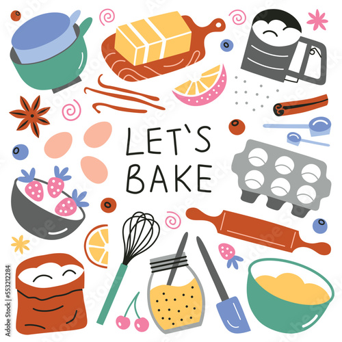Baking hand drawn collection, doodle icons of kitchen utensils, cake ingredients, vector illustrations of whisk, flour, rolling pin, let’s bake lettering, berries for cake decoration, cooking classes
