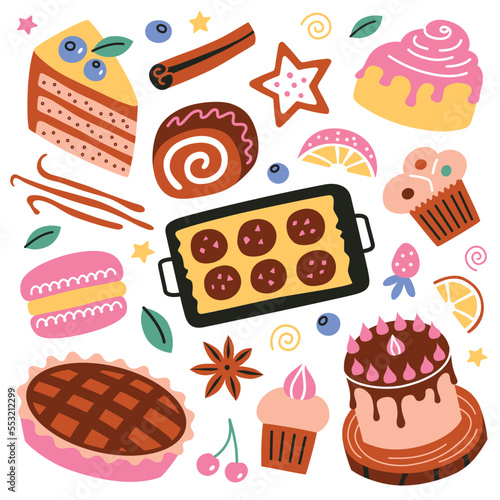 Bakery products hand drawn collection, doodle icons of desserts, pastry and confectionery, vector illustrations of cake, pie, cupcake, cookies, sweet food set, baking blog and cooking classes