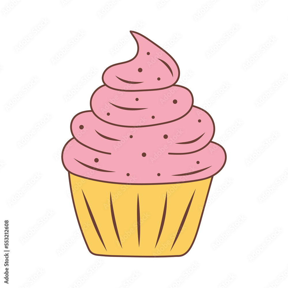Cupcake with whipped cream isolated on white background. Birthday, celebration, holiday, party concept. Hand drawn doodle illustration. Cupcake with whipped cream isolated on white background. Birthday, celebration, holiday, party concept. Hand drawn doodle illustration.