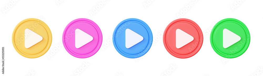 Play button 3d render icon set - video or music circle with arrow, round sound sign for tv and camera Play button 3d render icon set - video or music circle with arrow, round sound sign for tv and camera