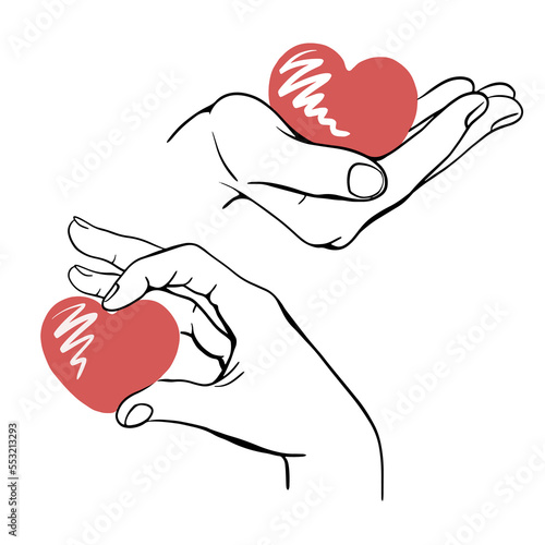 begging hands red heart in the palms. Women's hands. Vector illustrations. Concept, health, beauty, kindness