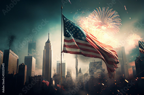 An american flag and fireworks. New york city on the  background, generative ai