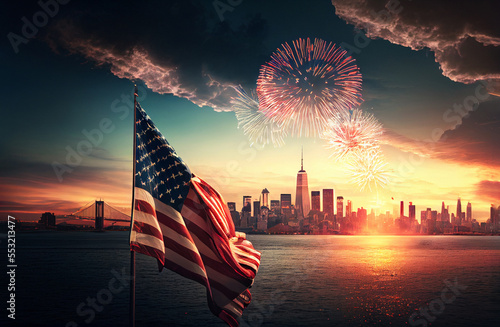 An american flag and fireworks. New york city on the  background, generative ai