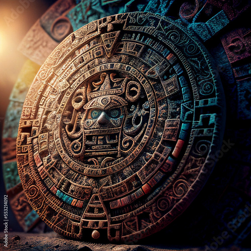 Stone Mayan Aztec Calendar in Realistic Detailed Illustration. Astronomy Aztec Artifact Design