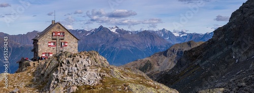 Alpine mountain hut summer panorama