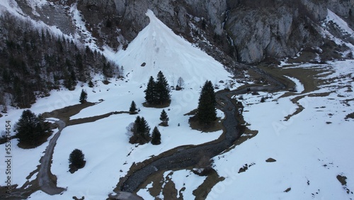 Scenic aerial view of Plateau de Sanchese at Lescun FRANCE in winter
