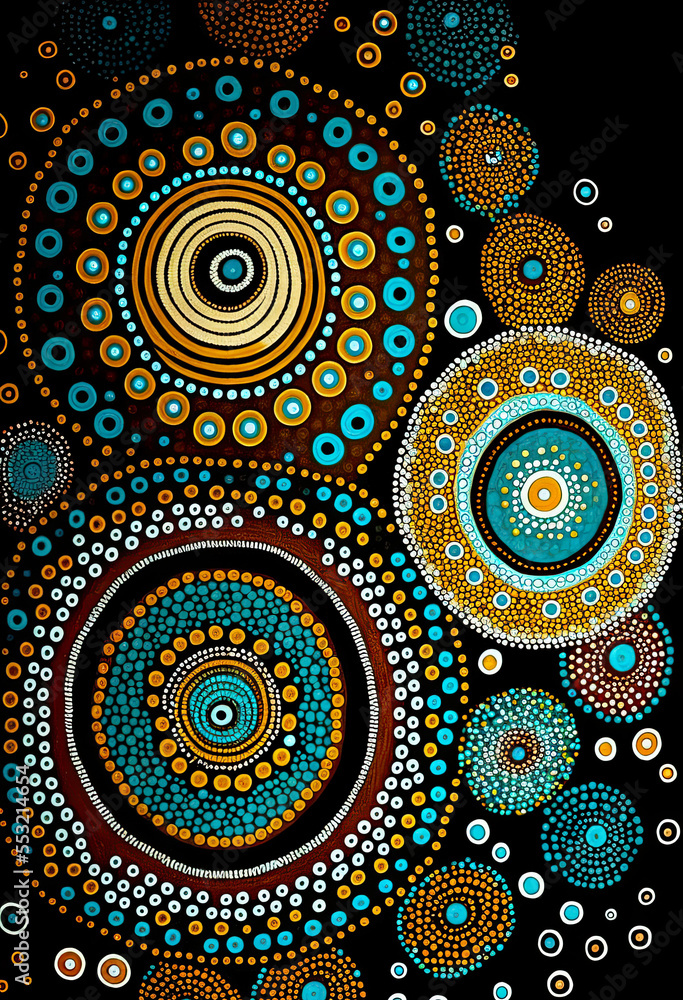 Beautiful native circles and dots in the Australian native beloved colors, abstract background, banner, illustration, digital