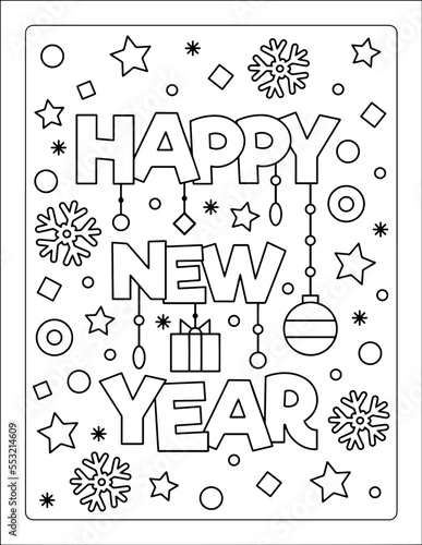 Happy New Year coloring sheet, Merry Christmas Coloring Page for Kids. Coloring pages for kids, party activity to have a great time. Christmas Coloring, christmas activities.