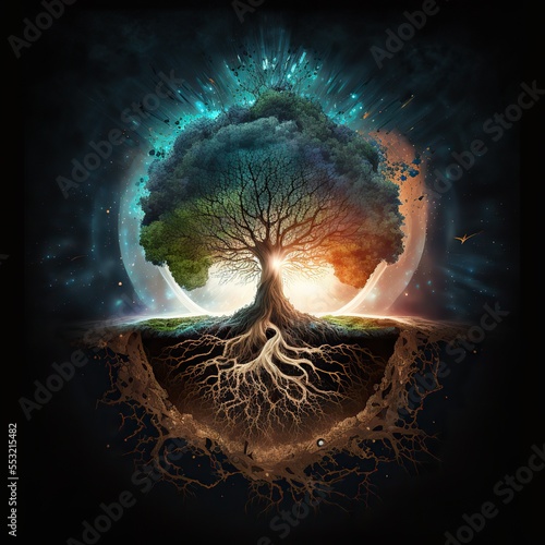 Golden Tree of life. Roots. Represents the afterlife, and connection between the earth and heaven. Generative ai. 
