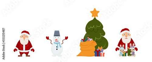 Vector illustration set Santa Claus , a Christmas tree with gifts, a cheerful snowman, cartoon rabbits. Isolated on a white background.