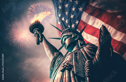 A liberty statue usa and american flag background, generative ai