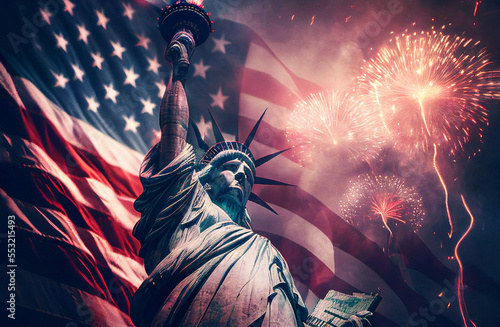 A liberty statue usa and american flag background, generative ai