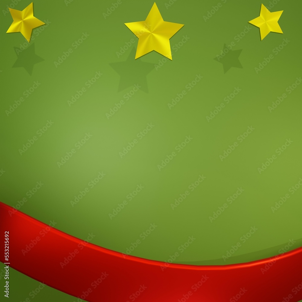 fondo verde, con listón rojo y estrellas doradas para publicación de navidad o tarjeta. - obrazy, fototapety, plakaty 