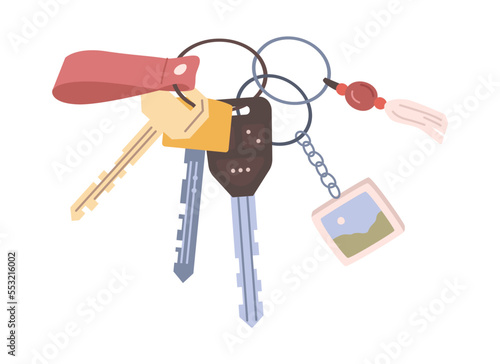 Door key for apartment flat cartoon icon. Vector illustration of keyrings, apartment keys with keychain, key chain pendant. Keyholder, keyring loss protection, real estate house pocket with trinkets