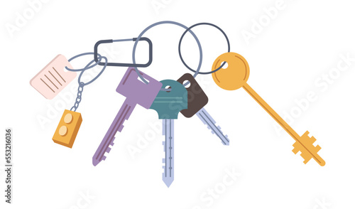 Keys with keychains decorated by pendants or trinkets, flat cartoon illustration. Vector modern keys, open house tool. Home rental, real estate property rent and sale concept