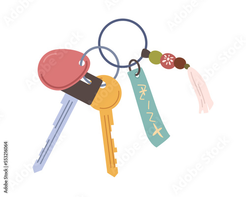 Cartoon keyrings, bundle of door keys on bunch, vector illustration. Apartment keys with keychain, key chain pendant. Home keychain of keyholder, keyring loss protection, real estate house pocket