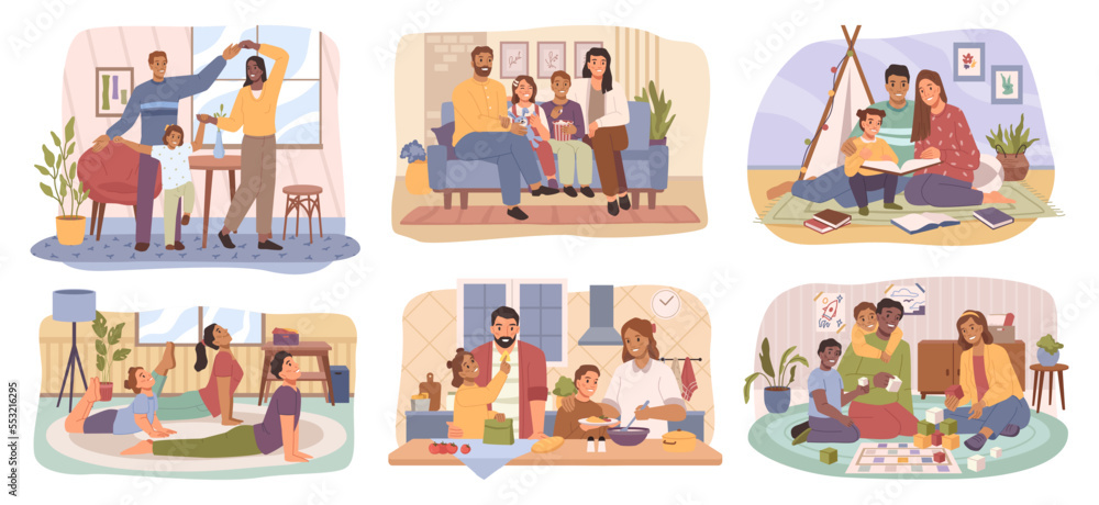 Naklejka premium Family activities at home, parents children spend time in sitting-rooms together. Vector illustration of people rest during playing game in apartment. Home activities and entertainment, board games