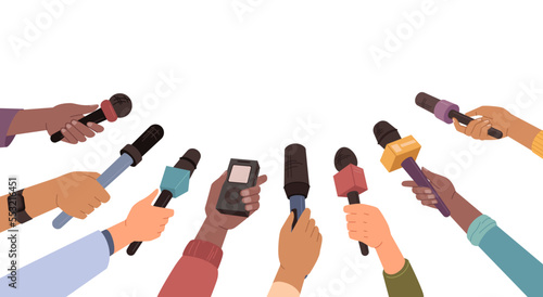 Journalist hand holding microphones performing interview. Vector illustration of microphone for breaking news, broadcasting live. Audience, reportage and communication