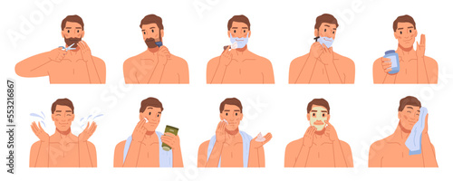 Skincare and cosmetics for man face, isolated process of shaving beard and using lotions and moisturizers for sensitivity. Flat cartoon character vector