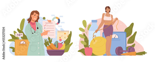 Nutritionist specialist making diet plan, dietitian with recommendation for healthy eating habits. Consuming vegetables and fruits. Flat cartoon character, vector illustration