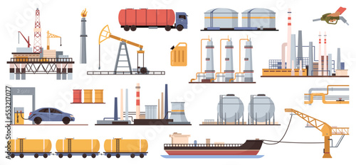 Gas industry, production and storage, transportation in tankers by ships and railways. Using oil in petrol station, filling cars. Vector in flat style