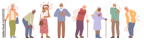 Health issues and problems of senior people. Isolated elderly personages, men and women with pains and aches in body parts. Flat cartoon character, vector illustration