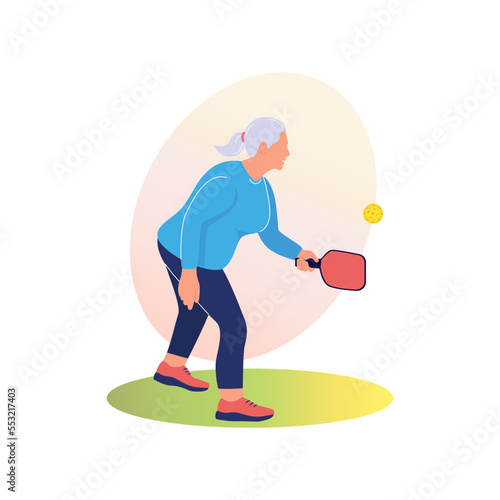 Elderly lady Playing Pickleball Outdoor. Older woman with racket and ball on court. Sports, leisure for Senior People. Active old age. Vector illustration