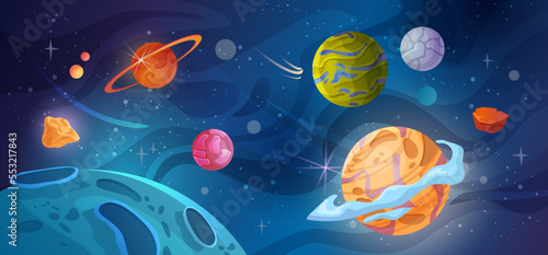 Cartoon space landscape, flat cartoon illustration. Cosmic planet surface, futuristic celestial bodies, galaxy stars and comets view. Cosmic space with craters at night, colorful comic planets