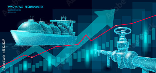 Tanker ship liquified gas transportation symbol. 3D low poly industrial oil refinery technology. Delivery petrol fuel cargo. Ocean LPG tank propane vector illustration